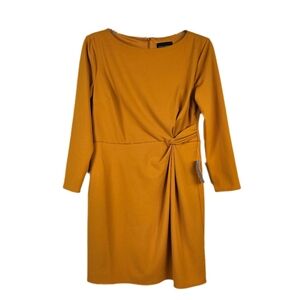 New Donna Morgan Mustard Dress Long Sleeve Twist Waist Stretch Above Knee Modest